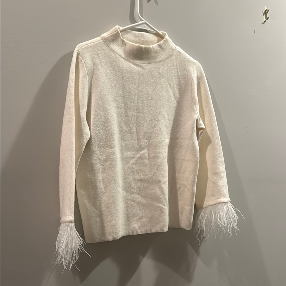 Cream Turtleneck Sweater with Feather Cuffs Ann Taylor